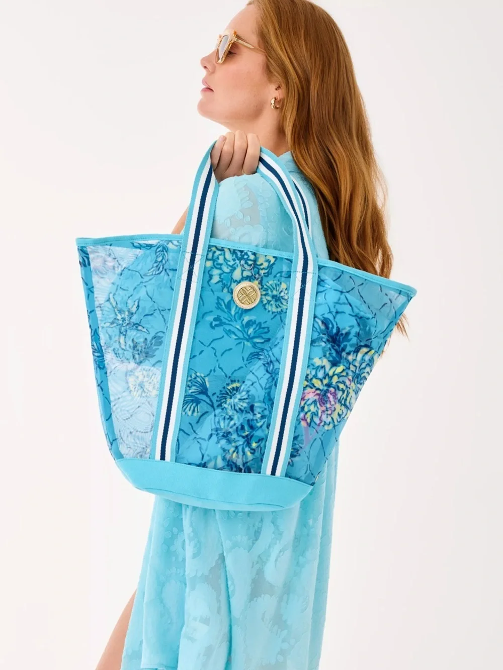 Lilly Pulitzer Printed Mesh Beach Tote Bellevue Blue Breakers Beach NWT